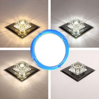 Simple LED Flush Mounted Light Black/Yellow Square Ceiling Lamp with Prismatic Crystal Shade, Warm/White Light/Third Gear