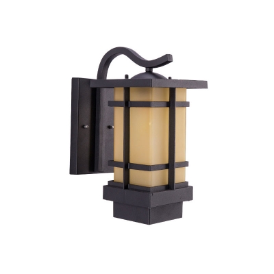 Single Yellow/White Glass Wall Lamp Kit Rustic Black Rectangle Outdoor Wall Lantern