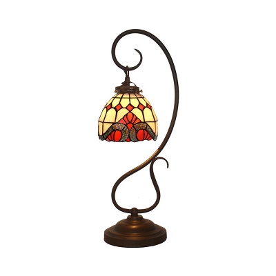 Tiffany Scroll Arm Table Light 1 Bulb Metal Night Lamp with Bowl Stained Glass Shade in Red