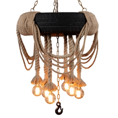 Tyre Beer Bar Ceiling Pendant Farmhouse Natural Rope 5-Bulb Black and Beige Chandelier Light