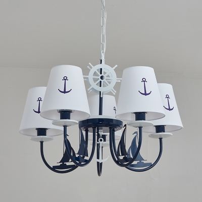 White and Blue Cone Hanging Light Fixture Kids 5/6-Bulb Fabric Chandelier with Anchor Pattern