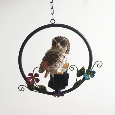 White/Brown Owl Solar Pendulum Light Rustic Resin LED Pendant Lighting with Ring Perch for Yard