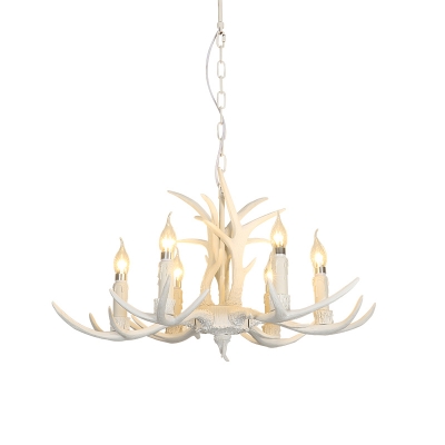 White Candle Chandelier Light Fixture Cottage Resin 4/8/12-Head Dining Room Suspension Lamp with Antler Deco