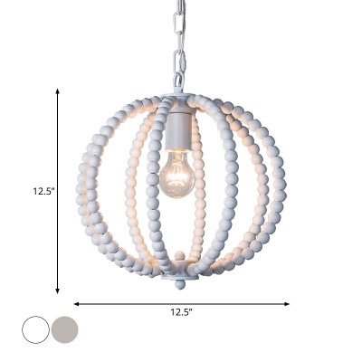 Wood Beaded Sphere Pendant Lamp Lodge 1/3/6-Light Dining Room Small/Medium/Large Chandelier in White/Grey