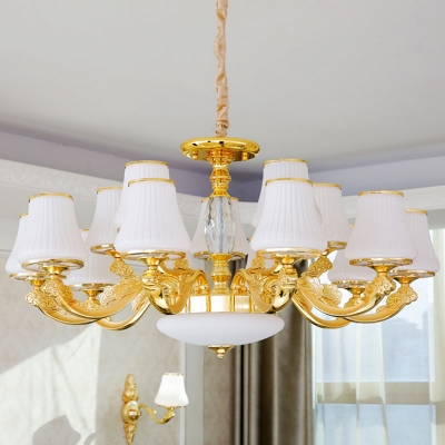 1/12/18 Bulbs Chandelier Lamp Traditional Cone White Ribbed Glass Wall Light Fixture in Gold