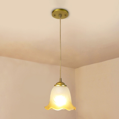 1/3-Bulb Pendant Light Fixture Rustic Carillon/Bell/Flower Frosted Glass Ceiling Light with Round Canopy in Gold