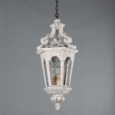1/4-Bulb Tapered Ceiling Hanging Lantern Vintage Distressed White Wood Pendant Light Fixture over Table
