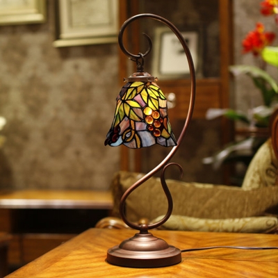 1 Bulb Grape Pattern Table Lamp Tiffany Yellow Hand-Cut Glass Nightstand Light with Scrolling Arm