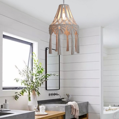 1-Light Natural Rope Hanging Lamp Country Beige Flared Bathroom Down Lighting Pendant with Tassel Fringe
