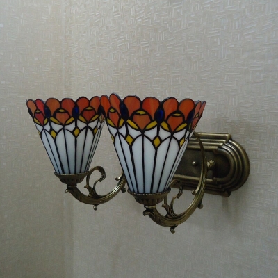2/3 Bulbs Wall Mounted Lamp Tiffany Conical Stained Glass Sconce Light with Floral Edge in Red