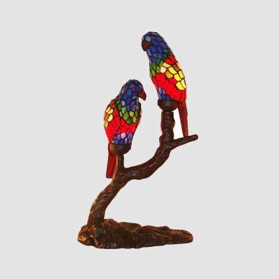 2 Bulbs Parrot Table Light Tiffany Red and Blue Hand Cut Glass Night Lamp with Naked Branch Base