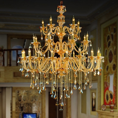24-Head Crystal Chandelier Traditional Glam Gold 3-Tiered Candle Hotel Ceiling Hang Light, 47