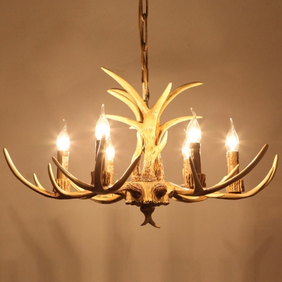 3/4/6 Bulbs Hanging Light Fixture Rustic Antler Resin Chandelier Lamp with Candle Design in Beige