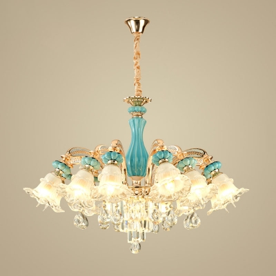 3/6/15-Bulb Down Chandelier Light Vintage Living Room Pendant Lamp with Ruffle Frosted Glass Shade in Gold