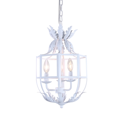 3-Head Wrought Iron Pendant Chandelier Farmhouse White/Grey Cage Bedroom Ceiling Suspension Lamp