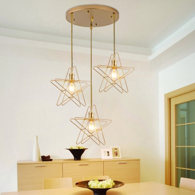 3-Light Metal Cluster Pendant Modern Gold Star Dining Table Hanging Light Kit with Round/Linear Canopy