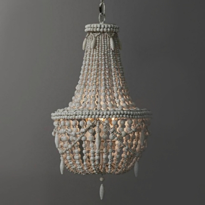 3 Lights Chandelier Pendant Vintage Basket Wooden Suspended Lighting Fixture in Grey/White