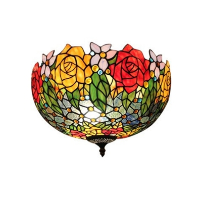 3 Lights Rosebush/Grape/Jewel Flush Mount Tiffany-Style Black Hand Cut Glass Semi Flush Mounted Ceiling Light