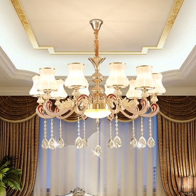 6/8/15-Bulb Milky Glass Chandelier Modern Gold 1/2-Tier Flared Living Room Ceiling Pendant Light