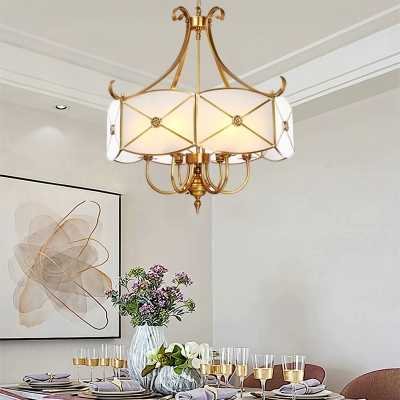 6 Bulbs Faceted Scalloped Pendant Light Antique Gold Opal-White Glass Chandelier Lighting over Table