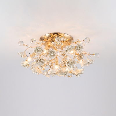 7/10/13 Bulbs Floweret Semi Mount Lighting Romantic Pastoral White/Pink/Blue Ceramic Flush Ceiling Light