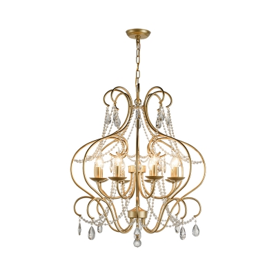 8 Lights Crystal Drop Pendant Traditional Brass Candle Living Room Chandelier with Scroll Frame