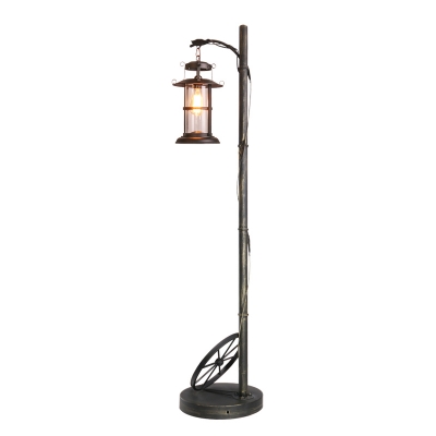 Antiqued Brass Lantern Floor Light Nautical Clear Glass Single Living Room Standing Lamp with Bend/Straight/Curved Pole