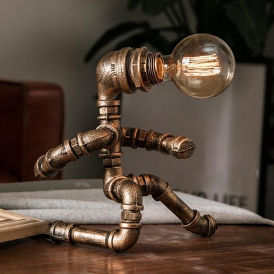 Antiqued Brass Pipe Man Table Light Cyberpunk Iron 1-Light Boys Room Nightstand Lamp