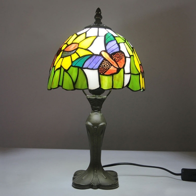 Black 1 Head Table Lamp Baroque Dragonfly/Butterfly/Sunflower Stained Glass Night Stand Light with In-Line Power Switch