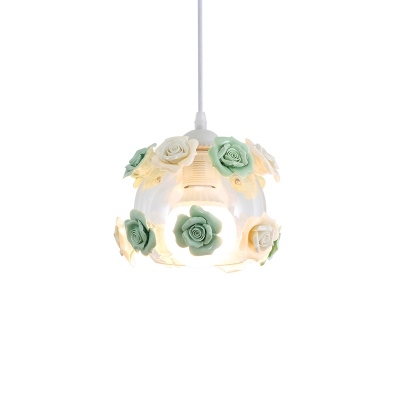 Ceramic Rose Pendant Light Fixture Korean Garden 1 Bulb Dining Room Hanging Lamp in Pink-Blue/White-Green, Small/Large