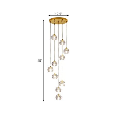 Clear Cut Crystal Ball Suspension Light Modernism 10/15/20-Light Multi Pendant Ceiling Light in Brass