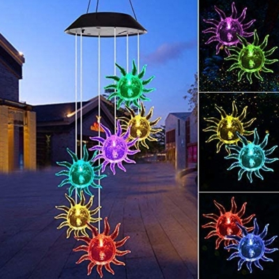 Clear Sun/Moon Shaped Cluster Pendant Cartoon 6-Bulb Plastic Solar LED Suspension Lamp for Yard