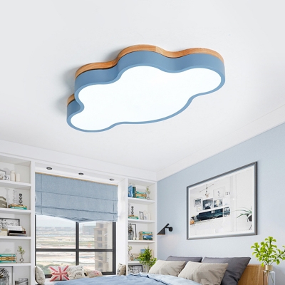 Cloud Flush Mount Ceiling Light Cartoon Metal Kids Bedroom LED Flushmount in Pink/Blue/Yellow and Wood