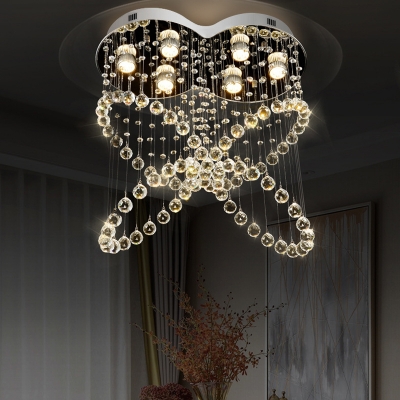 Crystal Beaded Butterfly Ceiling Light Modern 6-Bulb Bedroom Flush Mounted Light in Stainless Steel