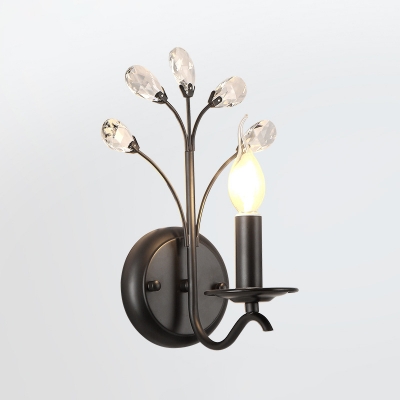 Crystal Branchlet Wall Light Fixture Countryside 1 Bulb Bedroom Wall Mounted Lamp with Faux Candle in Black