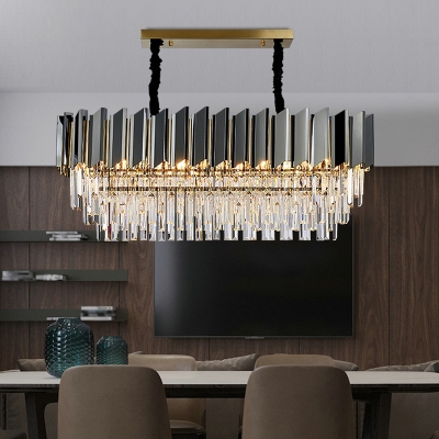 Crystal Tiered Rectangle Island Pendant Modern 8/10 Bulbs Black Hanging Lamp for Dining Room, 10