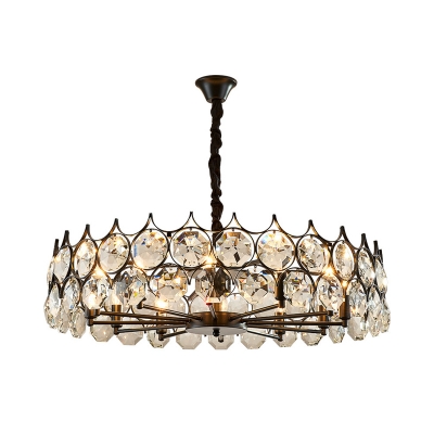 Cut Crystal Circular Chandelier Pendant Vintage 8/12/14 Bulbs Dining Room Suspension Light in Black, 19.5