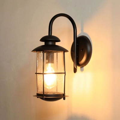 Cylinder Garden Wall Light Kit Rustic Clear Seed Glass 1-Bulb Black Gooseneck Lantern Sconce