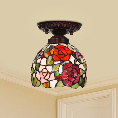 Dome Small Ceiling Flush Light 1-Light Stained Art Glass Tiffany Semi Mount Lighting in Red