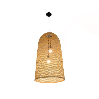 Elongated Dome Living Room Hanging Light Kit Bamboo 2 Bulbs Asia Pendant Chandelier in Wood, 16