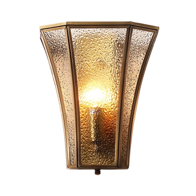 Flared Water/Frost Glass Flush Wall Sconce Antiqued 1 Head Bedside Wall Light Kit in Gold