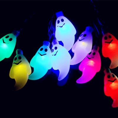 Ghost LED Solar Festive Light String Cartoon Plastic 10/80/100-Bulb Black LED Halloween Lamp in Warm/White/Multicolored Light, 4.9/16.4/32.8ft