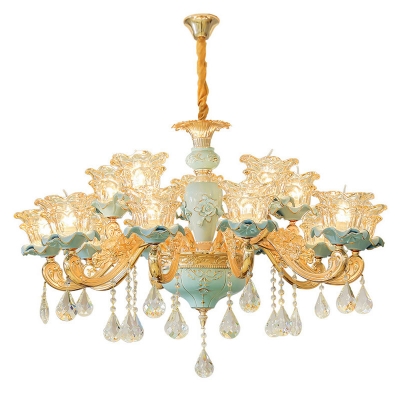 Gold 6/8/15-Light Ceiling Chandelier Traditional Clear Glass Floral Suspension Lamp with Crystal Droplet