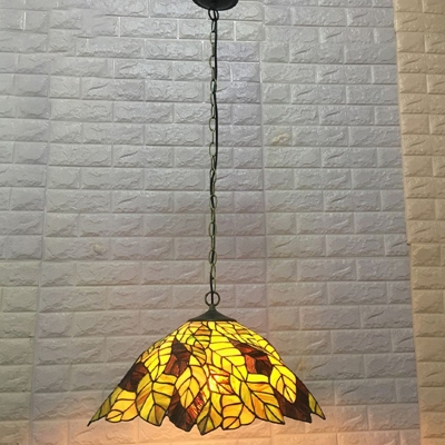 Handcrafted Glass Leafy Hanging Light Kit Rustic Single Yellow Pendulum Light for Dining Room