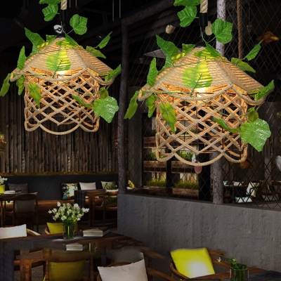 House Shaped Bistro Plant Pendant Lighting Countryside Rope 1 Bulb Beige Ceiling Light with Scalloped Edge