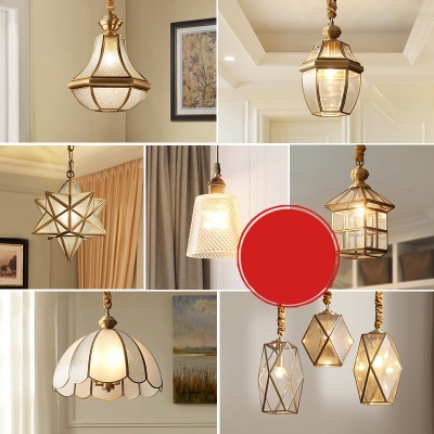 House/Star/Dome Shade Foyer Drop Pendant Colonial Style Clear/Water Glass Single Gold Pendulum Light