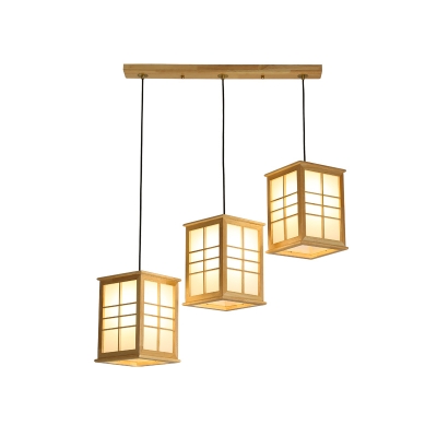 Japanese Style Cuboid Pendant Light Acrylic 1/3-Bulb Dining Room Suspension Lamp in Wood