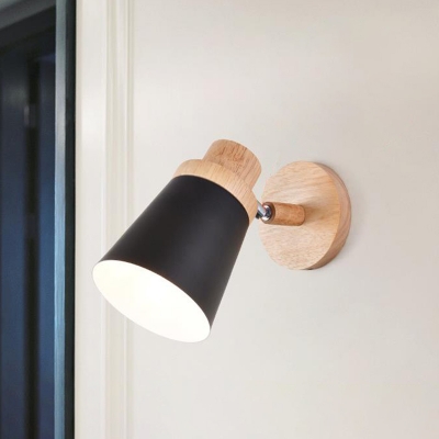 Macaron 1 Bulb Wall Mounted Lamp Grey/Pink/Black and Wood Tapered Adjustable Wall Lighting with Metal Shade