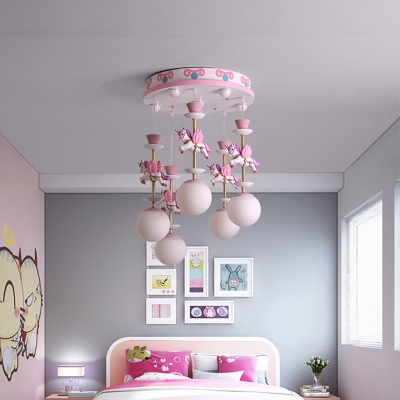 Merry-Go-Round Ceiling Pendant Cartoon Metal 3/5 Bulbs Pink Multiple Hanging Lamp in Pink