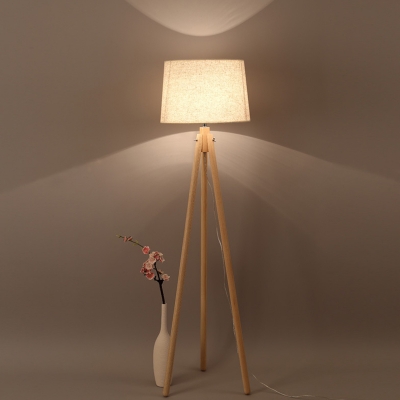Modern Tapered Drum Floor Lighting Fabric 1 Bulb Living Room Tripod Standing Lamp in Beige/Blue/Flaxen